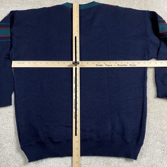 VTG Gilt Edge Sweater Mens M Navy Teal V Neck Wool Britain 90s Textured Grandpa - Picture 5 of 8